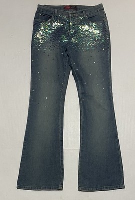 Vintage Y2k Younique Flared Jeans Womens 9 X 31 Blue Sequin Embellishment