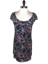 GUESS Size M Shift Dress Blue Pink Beige Floral Cap Sleeve Stretch Knit