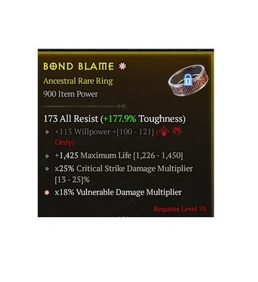 Diablo 4 Season 14 Bond Blame 1GA Ancestral Rare Ring Druid Item Equipment Gear