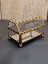 Vintage Brass  Glass 4  Trinket Case Etched Glass w/ Flower