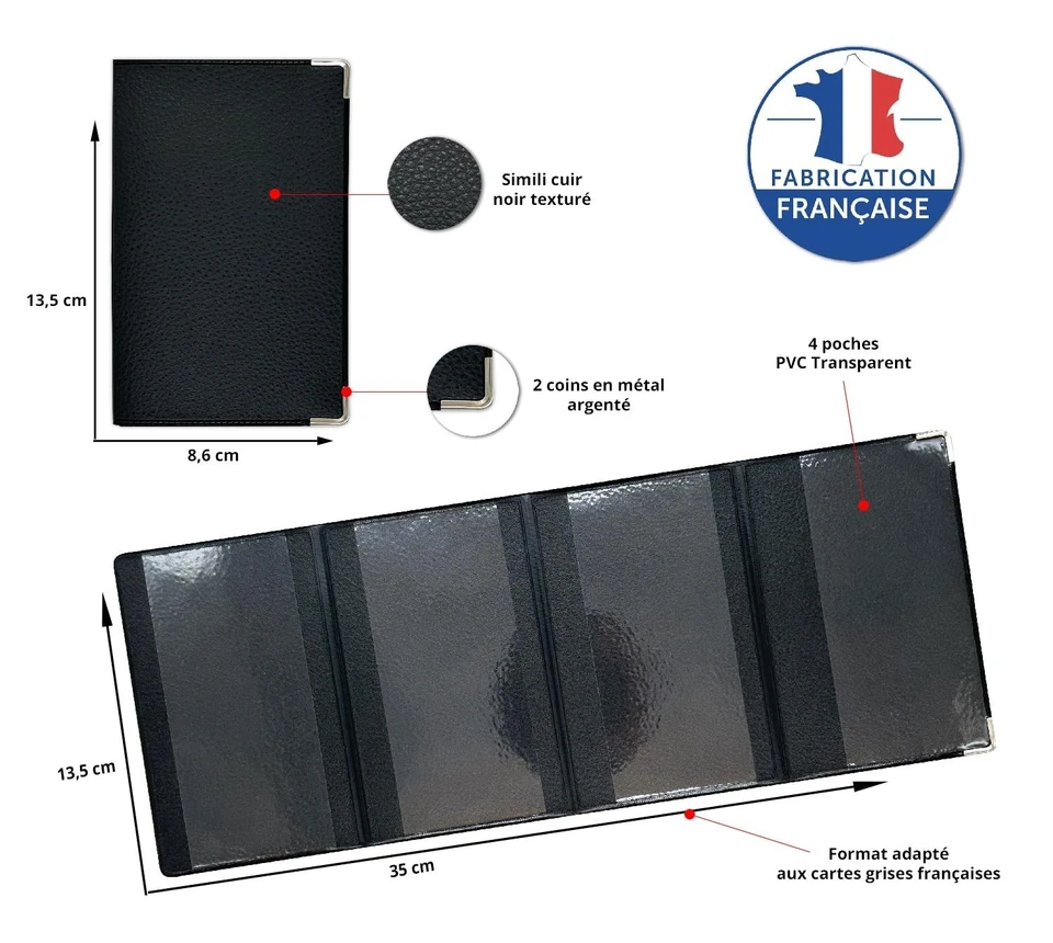 Porte carte grise 4 volets Simili cuir Noir Fabriqué en France - Photo 3/4
