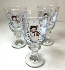 Set of 3 Libbey Cozy Snowman Goblets Glasses Blue Snowflakes 7" Holiday Snowmen