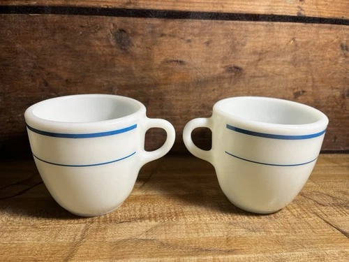VTG Pyrex Turquoise Stripe Coffee/Tea Mug Set of 2 Milk Glass USA 8 Oz C-Handle