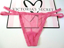VICTORIA'S SECRET Strappy V-String Thong Panty VS Pink Ruffle M L Mesh NWT