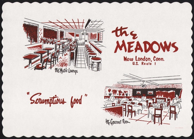 Vintage placemat THE MEADOWS restaurant interior pictures New London Connecticut