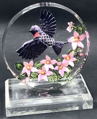 Lucite Purple Flying Bird & Flowers Sculpture Figure Reverse Hand Painted 4 