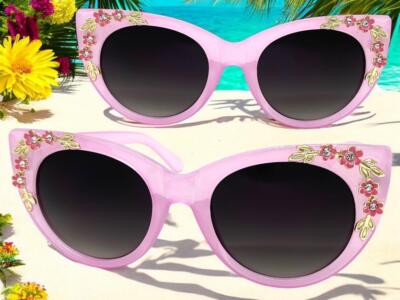 Ladies Retro Flower Cat Glasses | Soft Pink Frame with Flower Decoration - NWT OVERSIZED Vintage Retro Cat Eye Style SUN GLASSES Large Pink  main image 3