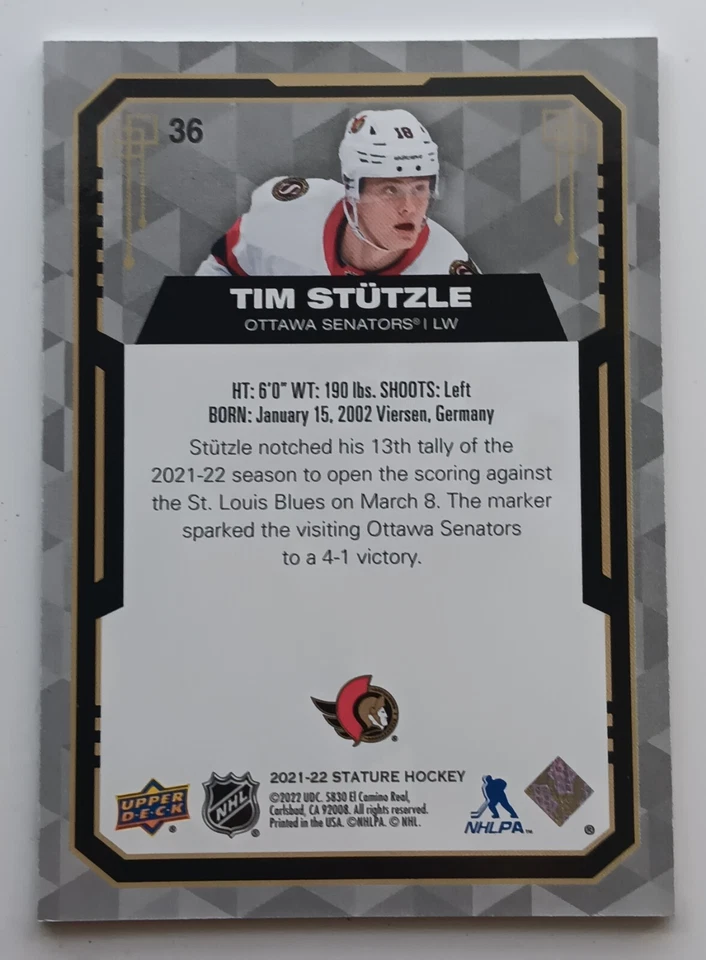 2021-22 Upper Deck Stature Design Photo Variant Tim Stutzle /22 Ottawa Senators - Image 2 of 2