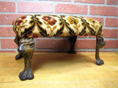 Antique Lions Head Cast Iron Foot Stool Rest Stand Small Bench Step Fabric Top - 第 2/12 張圖片