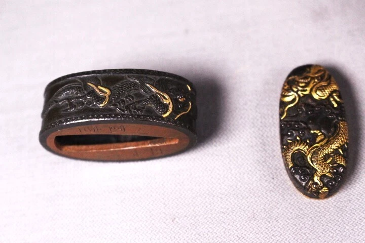 Antique Shakudo Dragon Fuchigashira Brass Inlay Japanese Fuchi Kashira fromJapan - Image 2 of 4
