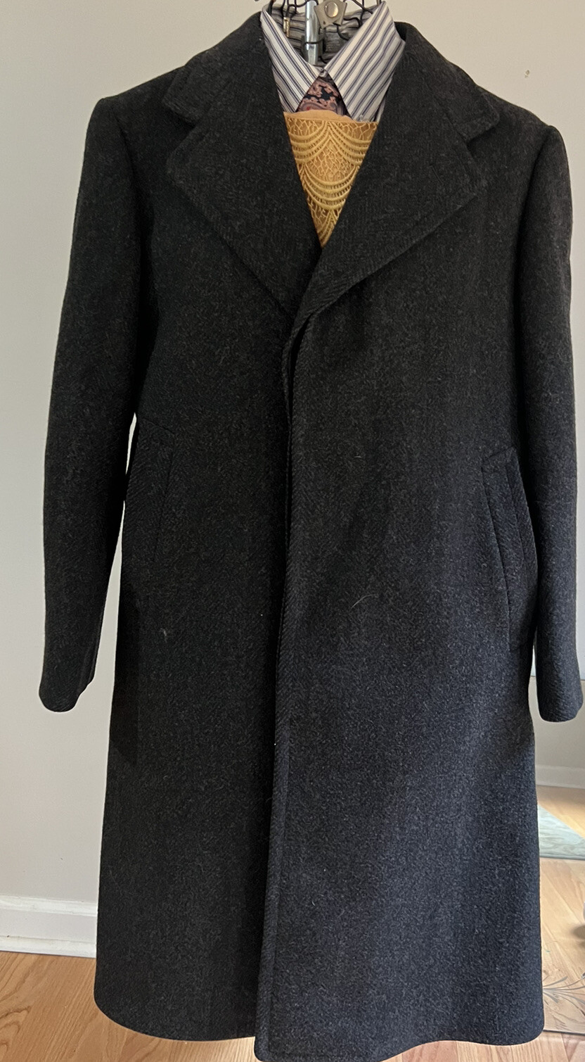 Mens 20s Overcoat Charcoal Gray Herringbone Wool Mast… Gem
