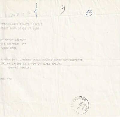 Sandro Pertini, telegram sent on July 18, 1984 to Bari - See photo