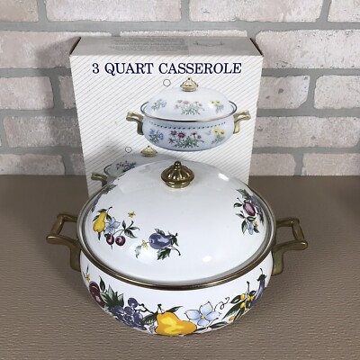 Vintage 3 Quart Enameled Casserole Brass Handles Floral Our Own Hardware Company
