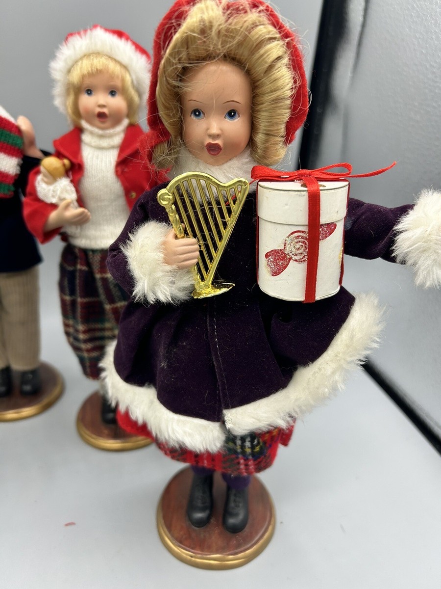 Lot of 5 Vintage Christmas Carolers Set Wood Base Holiday Dolls
