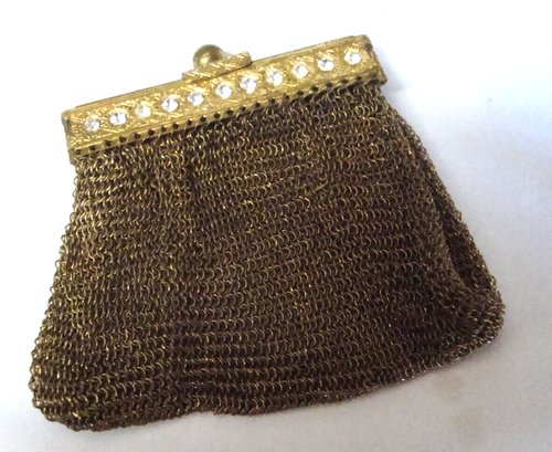 ANTIQUE VICTORIAN GILT Gold Mesh Metal Rhinestone Purse Expandable
