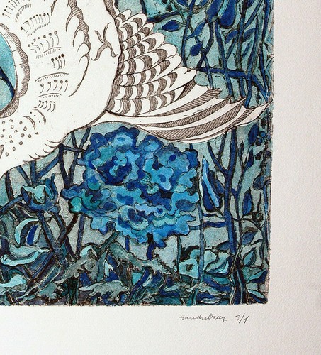 Michaela Krinner 1915-2006: Vogel Türkis Blau Aquarell Radierung Blütenhecke - Bild 3 von 3