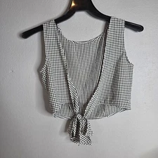 Shein Crop Tie Top Womens M Plaid Black White Shirt Casual Streetwear Blouse