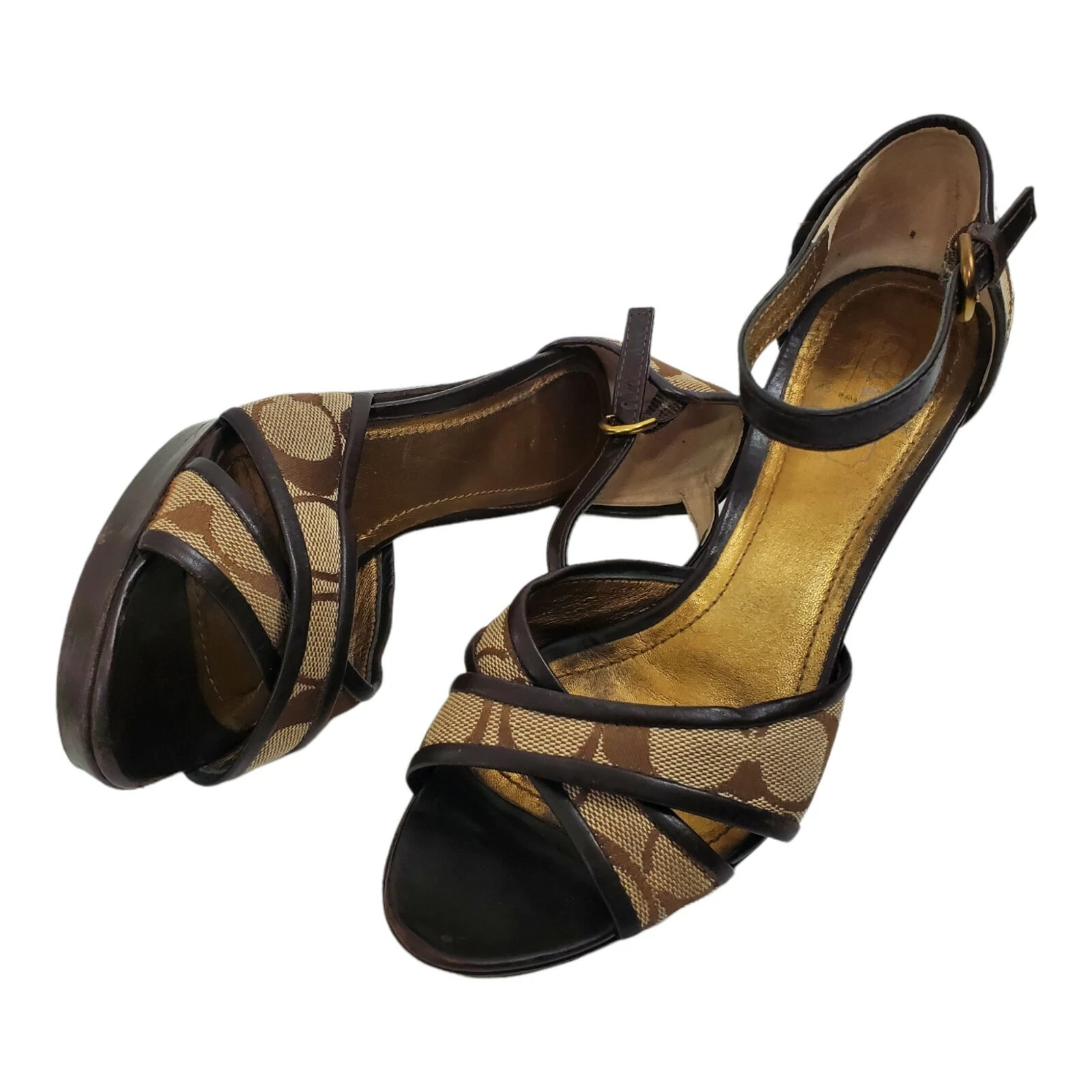 Sandali COACH HALLIE donna taglia 6 5 beige marrone monogramma cinturino alla caviglia tacco