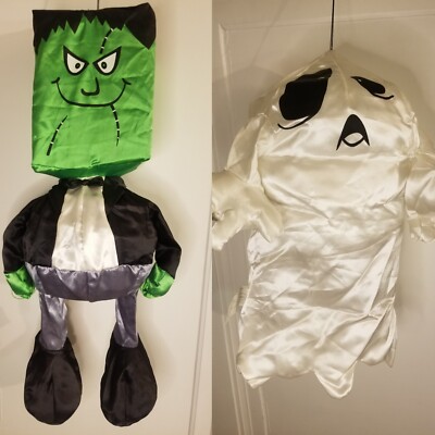 2 Vintage Halloween Gemmy Frankenstein and Ghost Collapsible Decoration Windsock