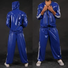 Rubber 100%Latex Sportswear Hooded top and pants Suit uniform Zipper 0.4MM S-XXL