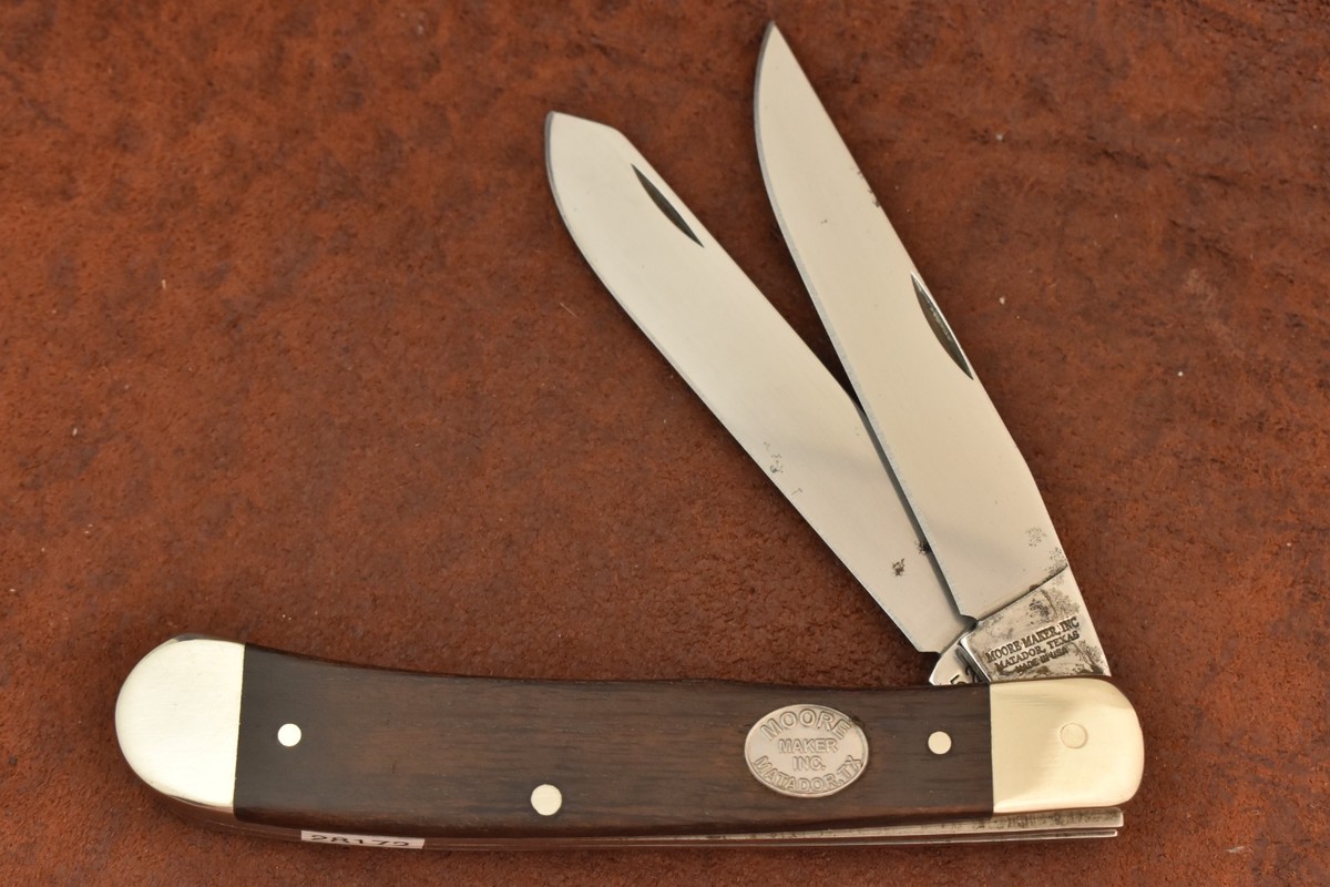 MOORE MAKER MATADOR TEXAS MADE IN USA WOOD FULL SIZE TRAPPER KNIFE