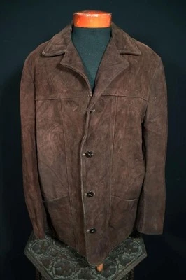 Vintage Hommes 1960's Foncé Daim Marron Manteau Taille XL Excellent État - Photo 1/3