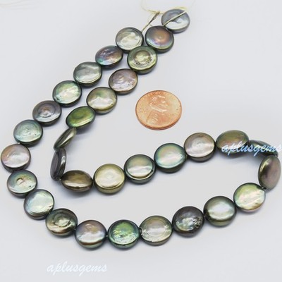 A grade Lustre Freshwater Pearl Coin Beads 12mm in white, green and brown