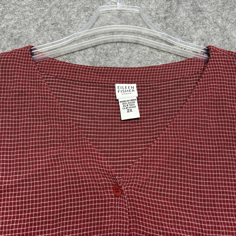 Camisa Eileen Fisher Mujer 2X Rojo Blanco Rejilla Italia Estampado Botones Luz Top Fluido Foto 3 de 4