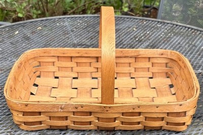 Vintage Large Handmade Rectangular Tan Woven Wood Basket with Handle, 20'' x 14''