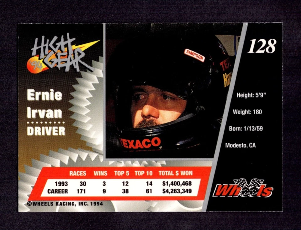 1994 Wheels High Gear Day One #128 Ernie Irvan EXMT/EXMT+ 9538 - Image 2 of 2