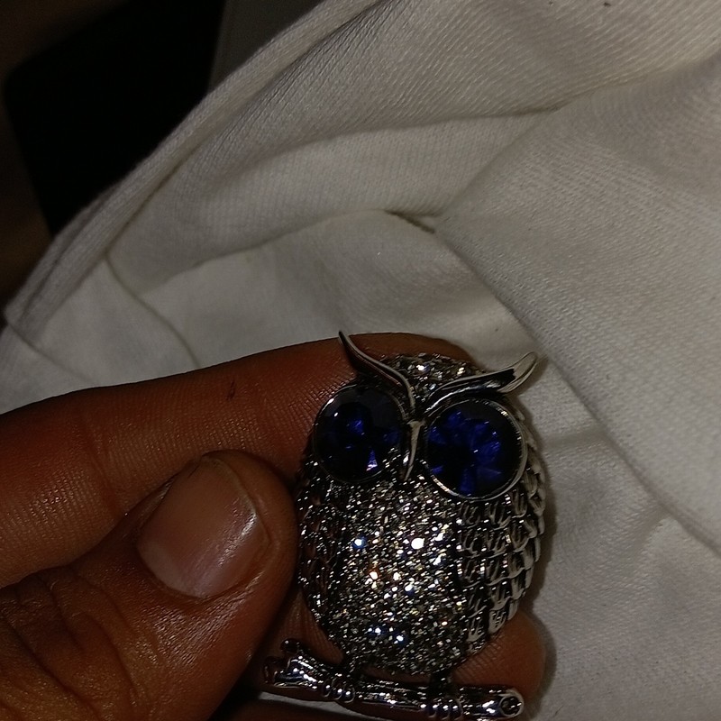 Silver Tone Owl Cocktail Band Ring Size 8 Blue Round Crystal Eyes