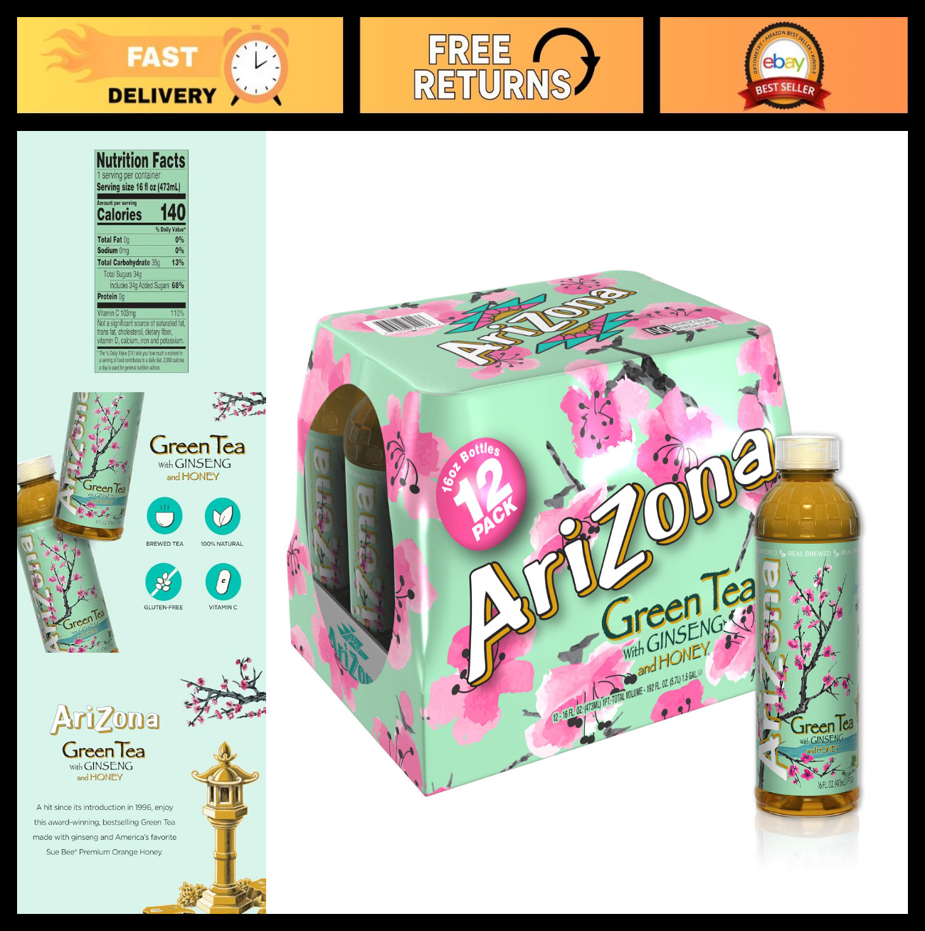 With Ginseng & Honey - 16 Fl Oz Bottles, 12 Pack