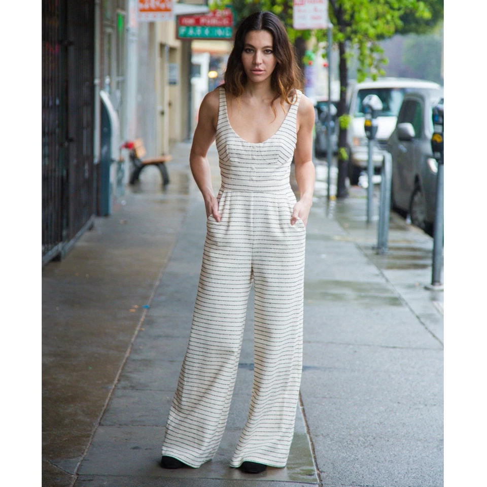 Mono Mara Hoffman a Rayas Negro Crema Pierna Ancha Sin Mangas Algodón Talla 0 Foto 2 de 4