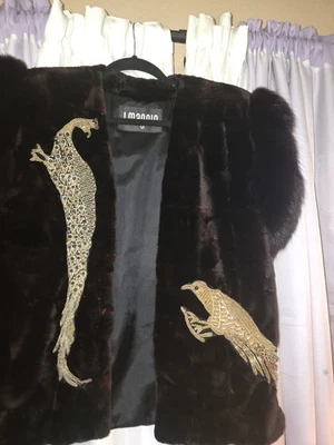 Adrienne Landau Fur Open Vest with A Beaded Peacock, Beaded Bird - Image 1 of 4