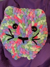 Handmade Crochet Cat. Multi Colored. 8 Inches Tall. 11 Inches Long. 26 Around.