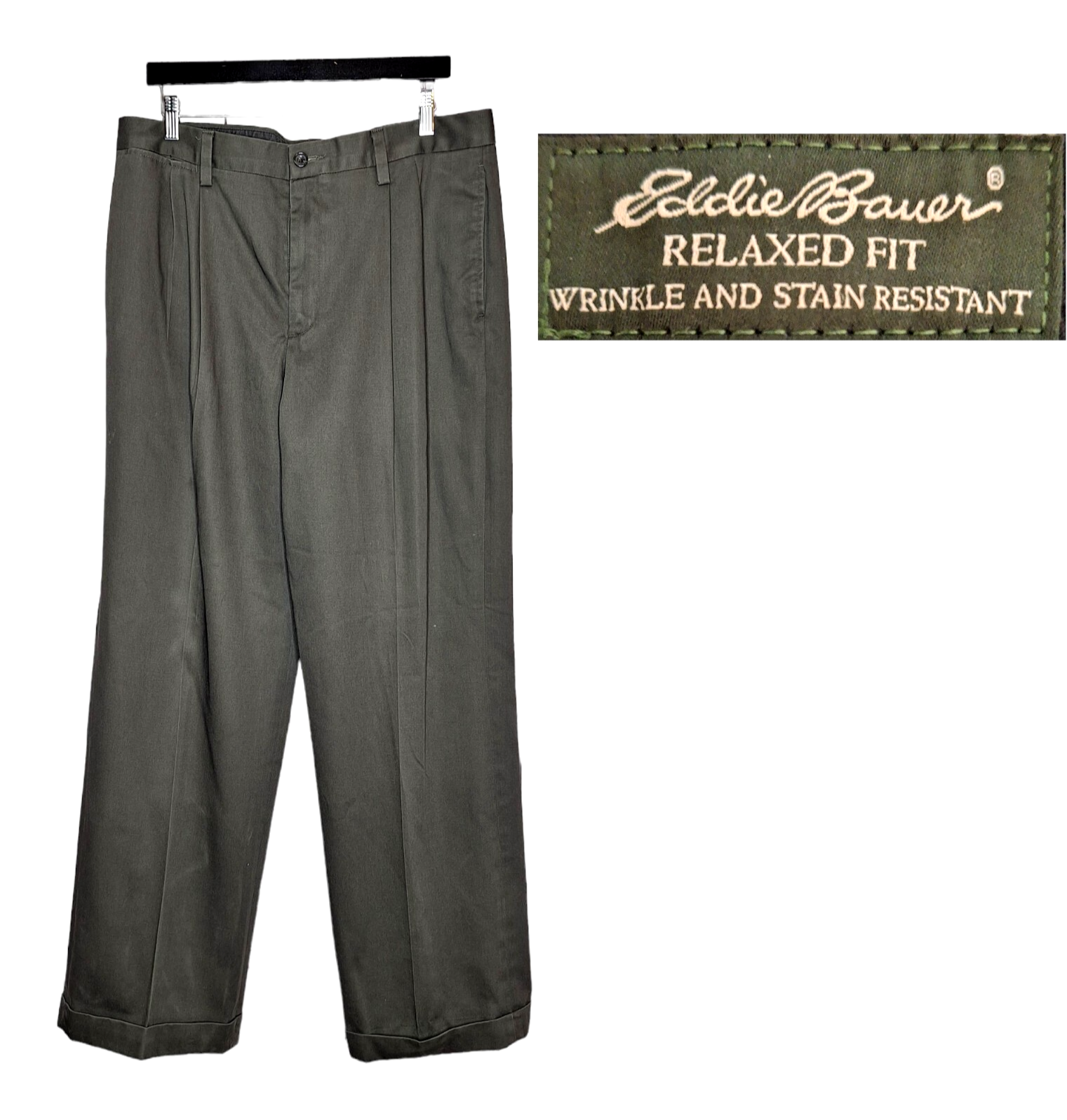 Eddie Bauer Pants Mens 35X34 Brown Cotton Pleated Cuffed