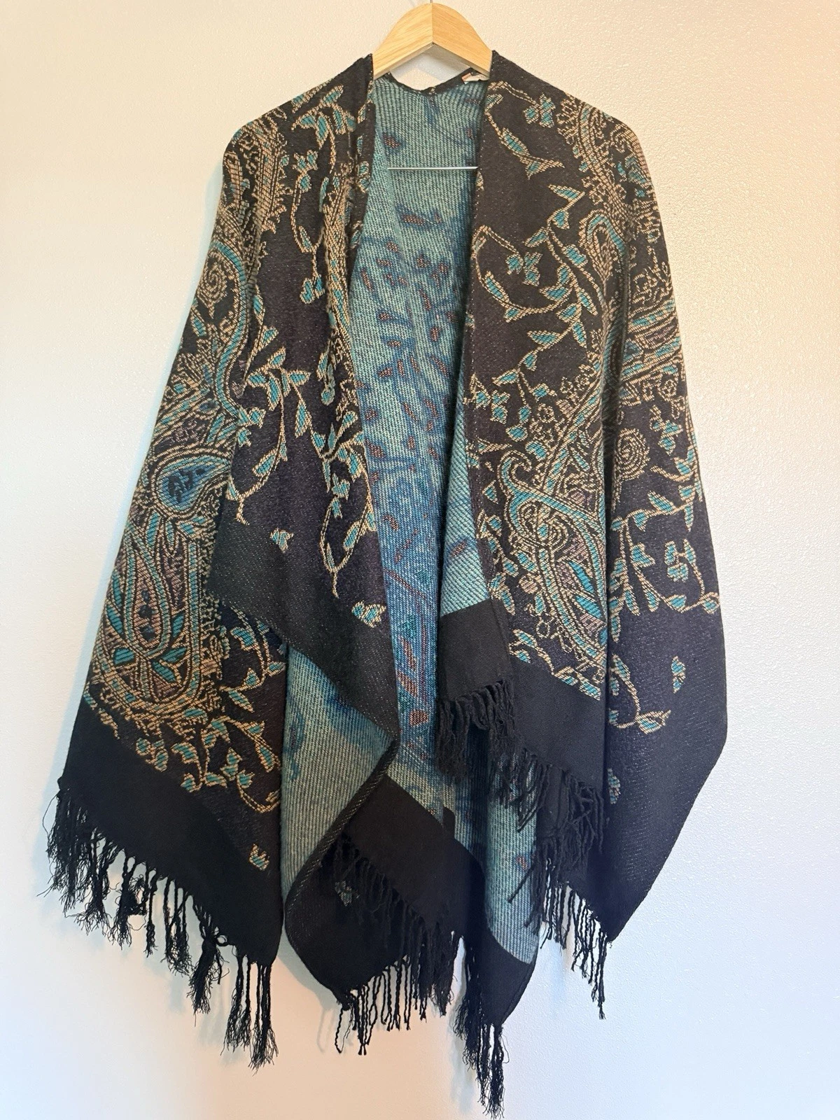 Soft Surroundings Paisley Ruana Poncho Wrap Top Fringe Sweater Blue Green OS