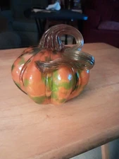 Hand Blown Art Glass Pumpkin Swirled Colors Orange Green Amber Twist Stem 4.5"