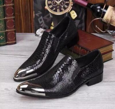 Leather Mens Metal Pointy Toe Dress Business Snakeskin Pattern Slip On Shoes