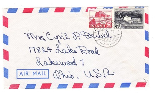 Island Sc#263,#294 - REYLJAVIK 6/VII/58 - AIR MAIL - t0 USA - grob geöffnet - Bild 1 von 2
