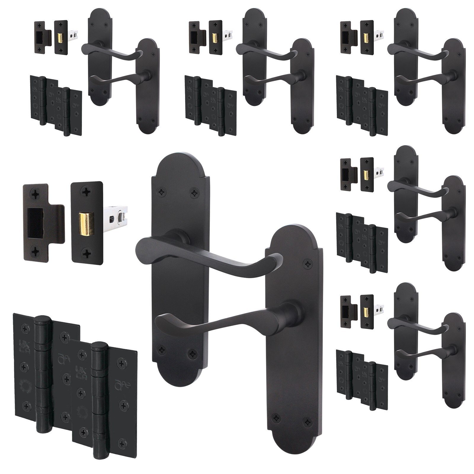 Matt Black Door Handle & Latch Set with Hinges 76mm, Victorian Scroll Shaped, X6