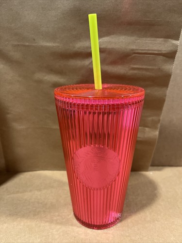 Bicchiere freddo Starbucks plissettato neon magenta rosa grande 16 oz con coperchio e cannuccia - Foto 1 di 4