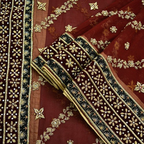 Vintage Heavy Maroon Dupatta Pure Chiffon Silk Long Stole Hand Embroidered Veil - Picture 6 of 16