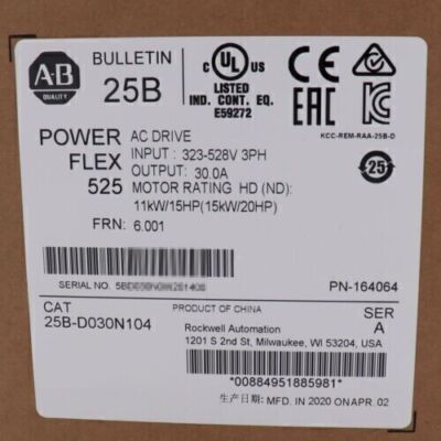 Allen-Bradley New Factory Sealed 25B-D030N104 PowerFlex 525 15kW (20Hp) AC Drive