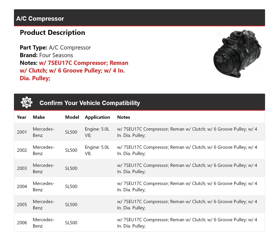 Compresor de aire acondicionado para Mercedes-Benz SL500 2001-2006 4 estaciones 2002 2003 2004 2005 Foto 2 de 4