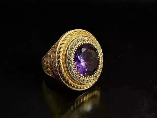 2.40Ct Round Cut Lab Created Amethyst Men's Bishop Ring 14k Yellow Gold Plated - Picture 5 of 6