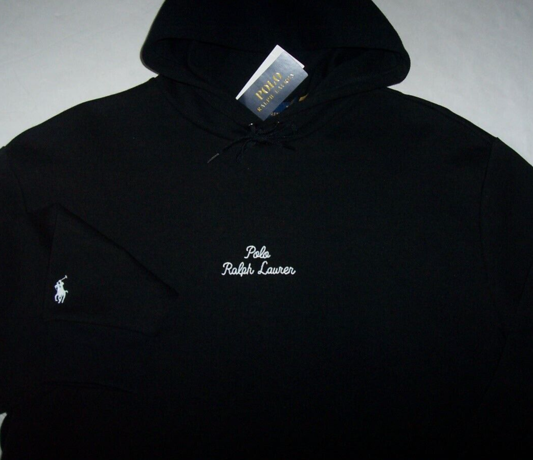 Polo Ralph Lauren nuova con etichette NERO SOLIDO doppia maglia felpa con cappuccio XLT BIANCO FIRMA PONY