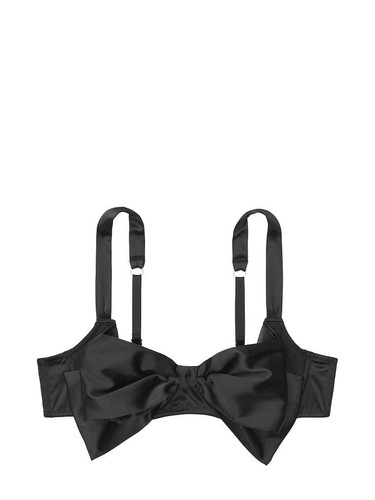 Victoria's Secret 3Pc set 32D / M Black Satin Bow Push-up Bra Thong & Stockings - Picture 3 of 9