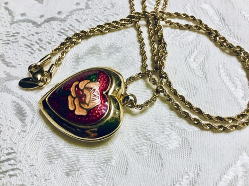 Vtg Gold Tone Cloisonne Enamel Puffy Heart Locket Pendant Necklace