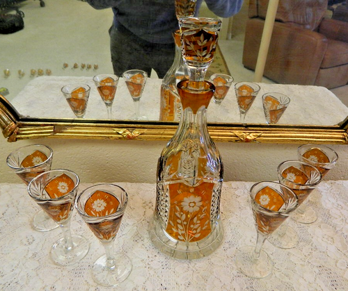 Vintage böhmischer Bernstein geschliffen auf klarem Kristall Karaffe & Cordial Glas 8 Stck. Set - Bild 1 von 10